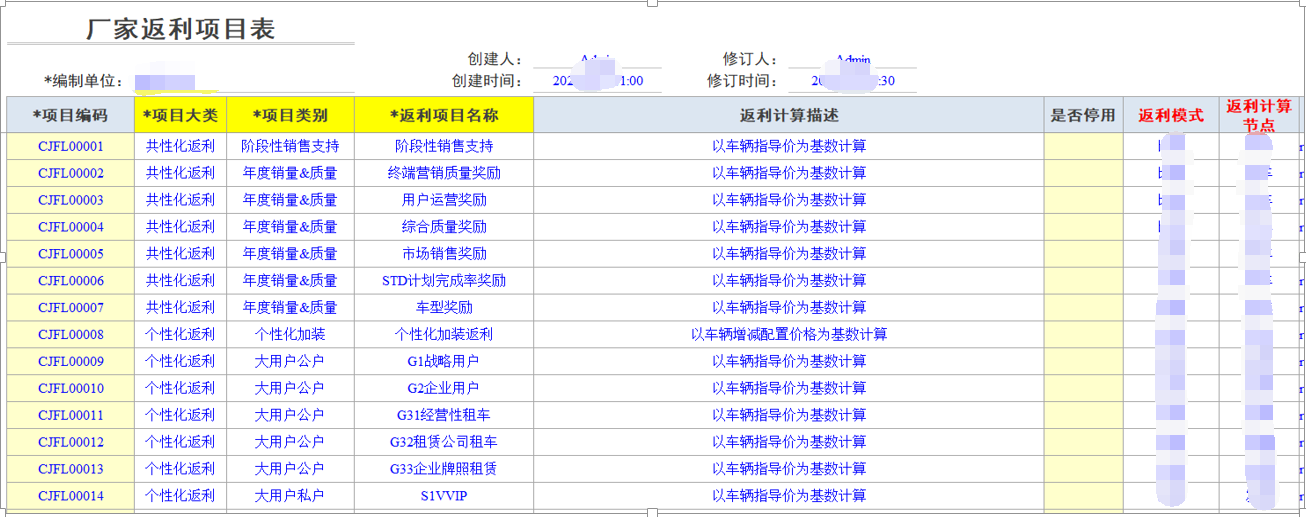 用勤哲Excel服務(wù)器開發(fā)4S店新車銷售系統(tǒng) - 廠家返利項目表