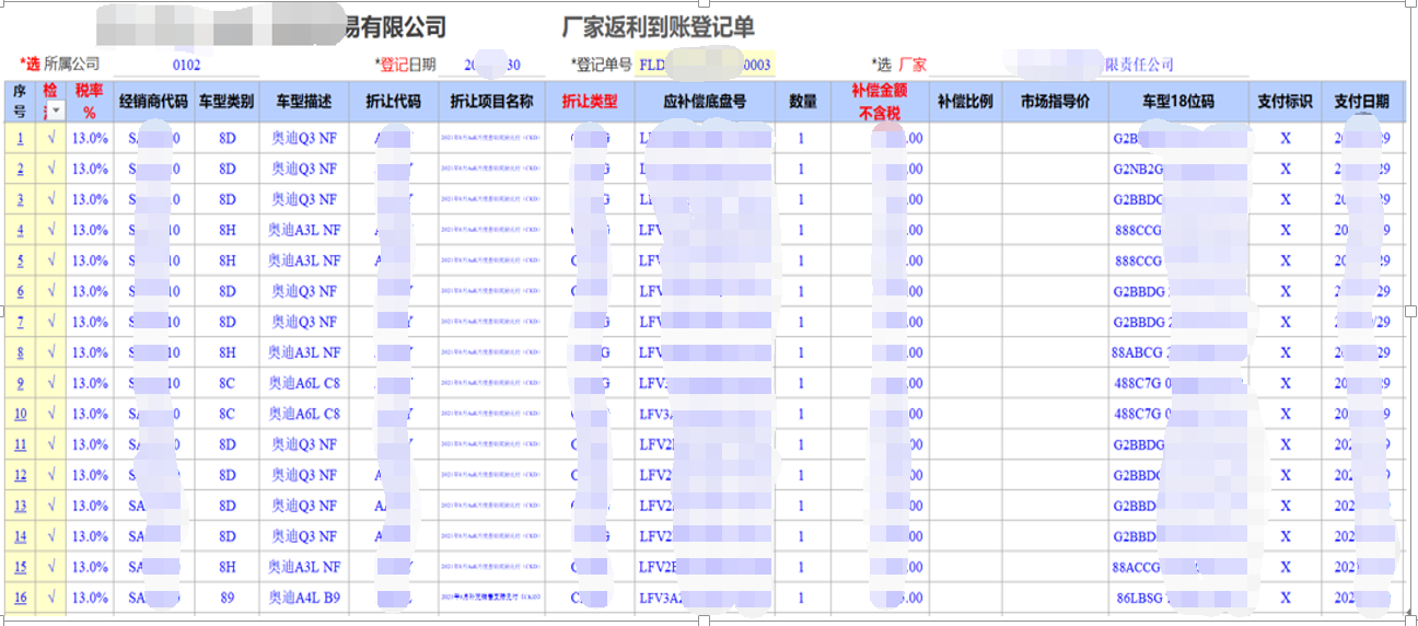 用勤哲Excel服務(wù)器開發(fā)4S店新車銷售系統(tǒng) - 返利實收到賬登記單