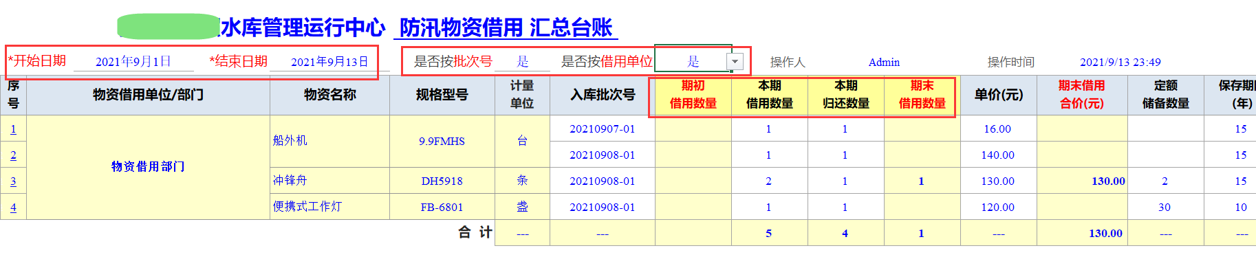 Excel服務(wù)器開(kāi)發(fā)防汛物資管理系統(tǒng)-物資借用匯總臺(tái)賬